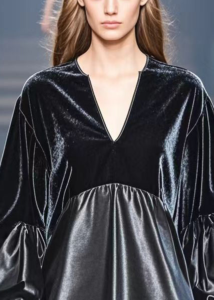 French Black Asymmetrical Pu Patchwork Faux Leather Long Tops Fall