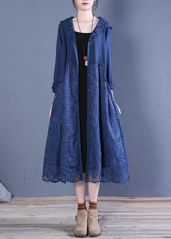 Black Hooded Lace Patchwork Cardigans Spring