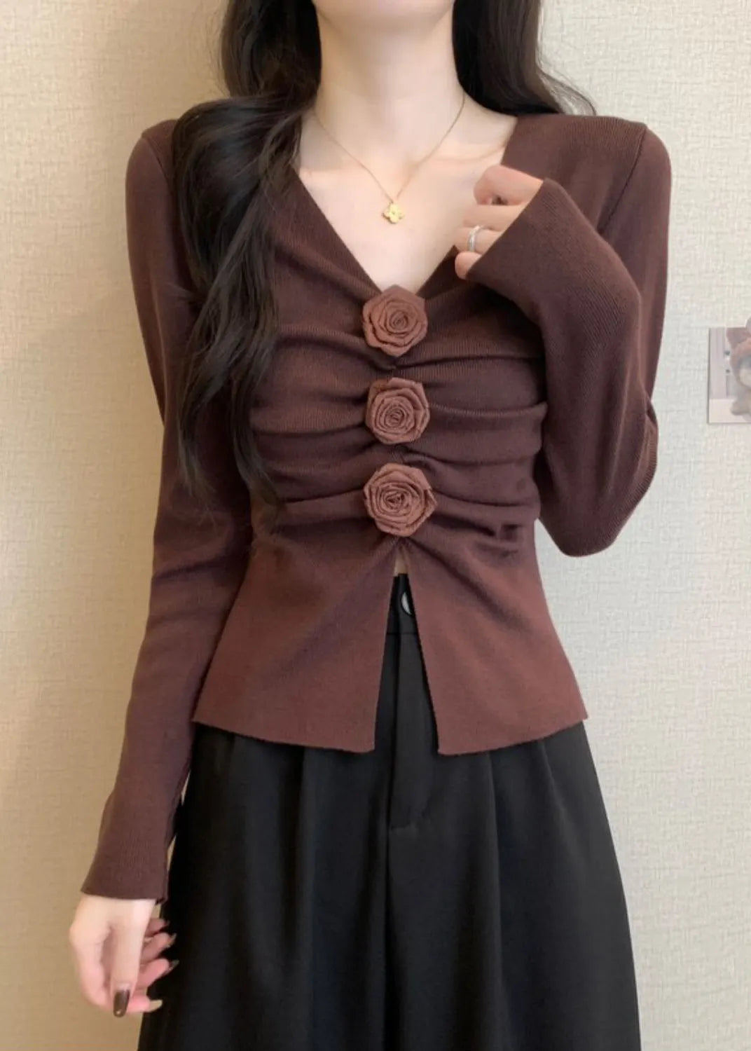 Brown Knit Pullover Side Open Spring