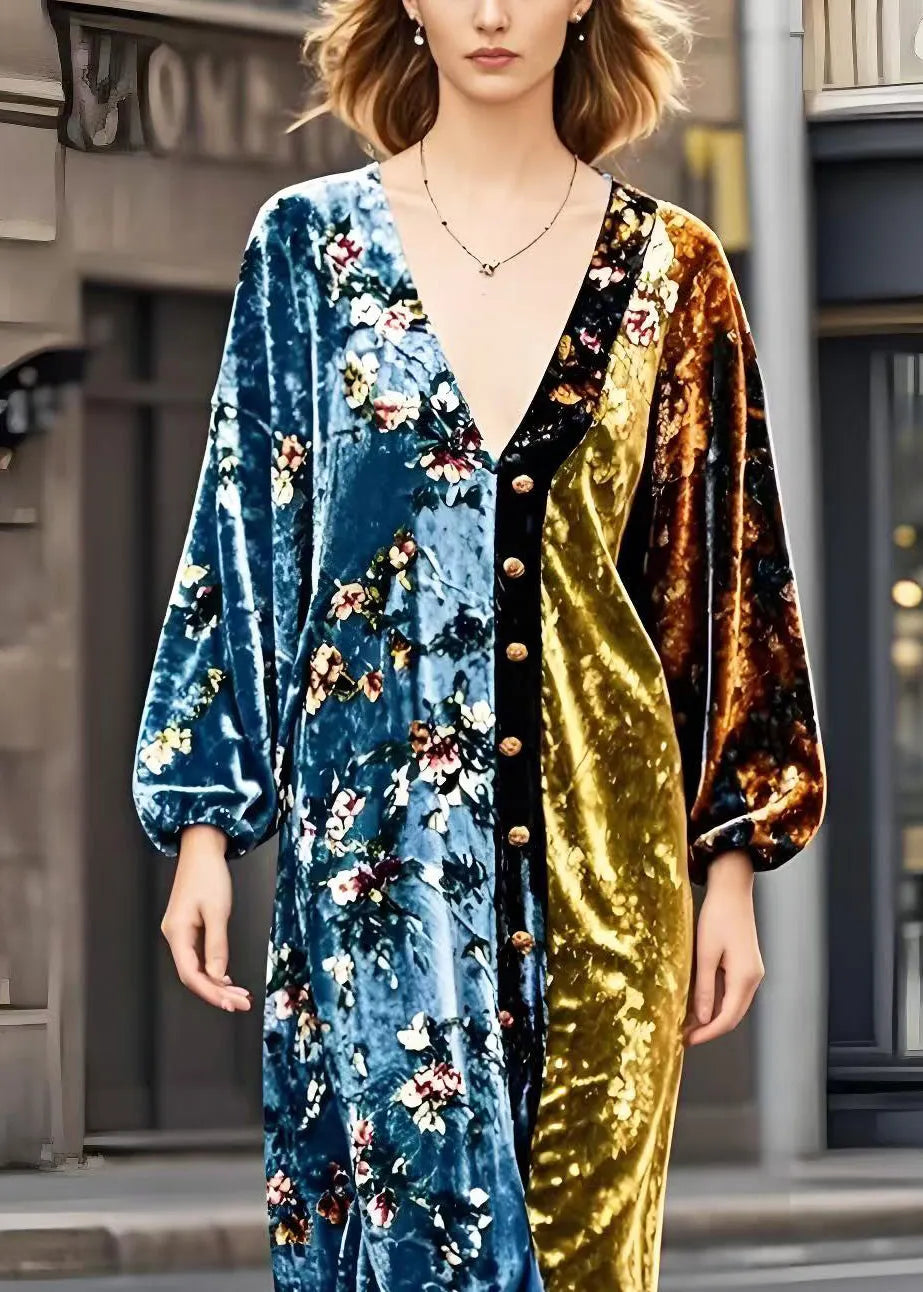 Colorblock V Neck Patchwork Golden Button Silk Velvet Dresses Spring