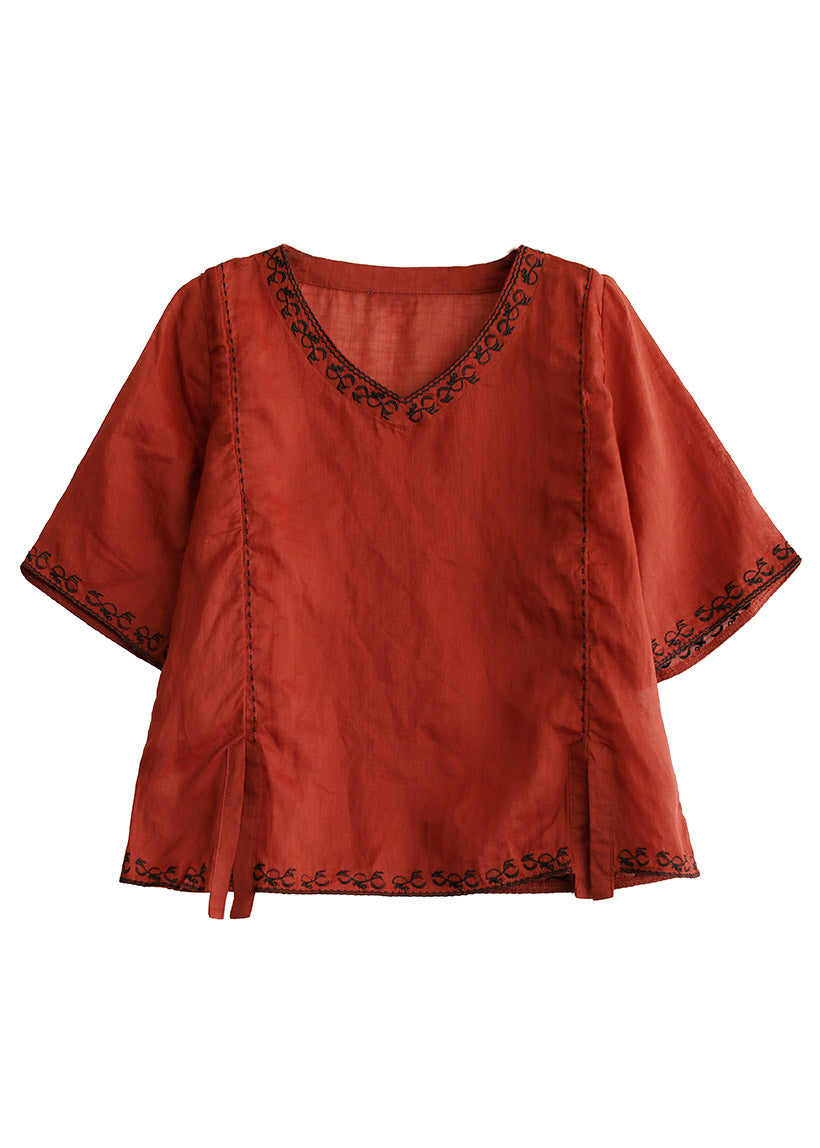 Stylish Purple V Neck Embroidered Linen T Shirt Half Sleeve