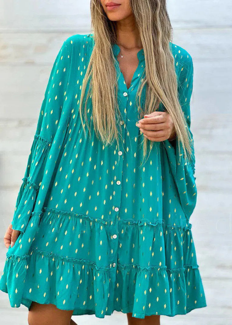 Green Ruffled Patchwork Mid Dress Flare Sleeve