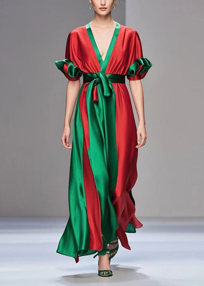 Red Cinched Patchwork Draping Silk Dress Petal Sleeve