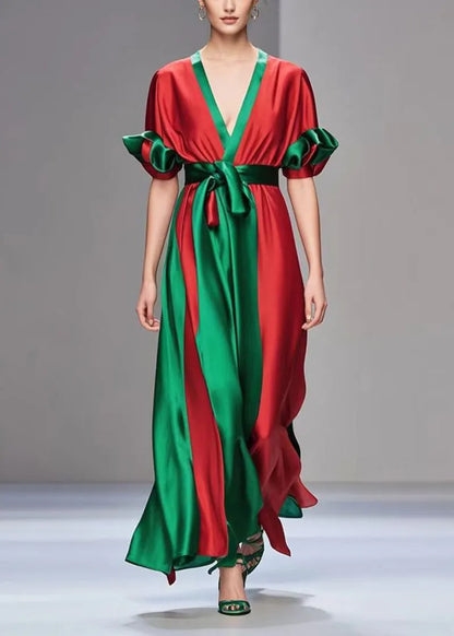 Red Cinched Patchwork Draping Silk Dress Petal Sleeve