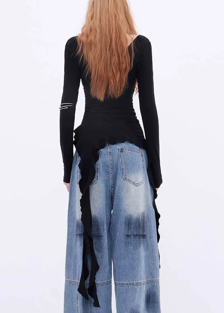 New Black Asymmetrical Cotton T Shirts Spring