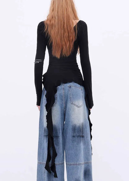 New Black Asymmetrical Cotton T Shirts Spring