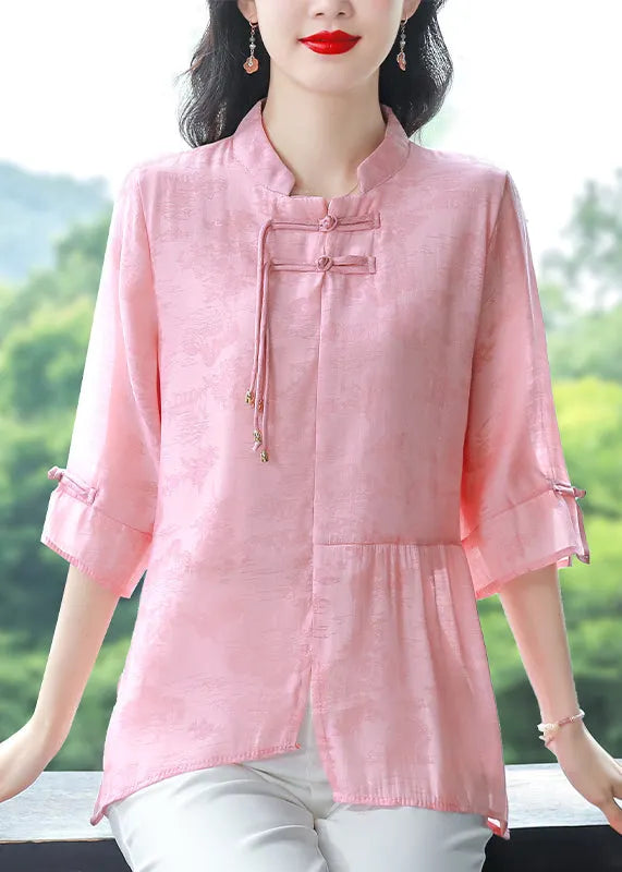 Blue Stand Collar Tasseled Patchwork Linen Shirt Summer