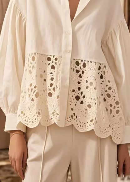 Fitted White Hollow Out Patchwork Cotton Shirts Spring