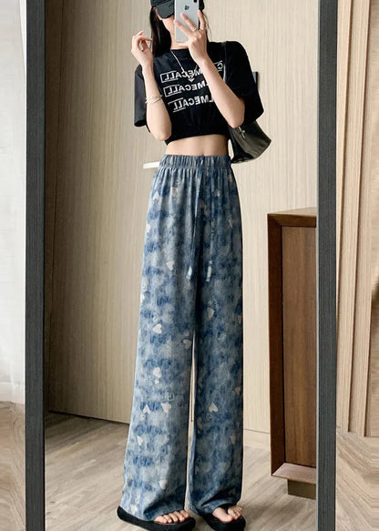 Blue Elastic Waist Tie Dye Silk Straight Pants Spring