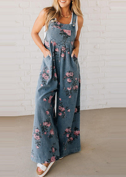 Blue Oversized Print Denim Jumpsuits Spring