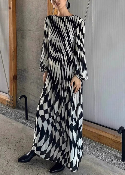 French Plaid O-neck High Waist Chiffon Maxi Dresses Fall