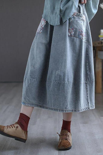 Elastic Waist Denim Cotton Skirt