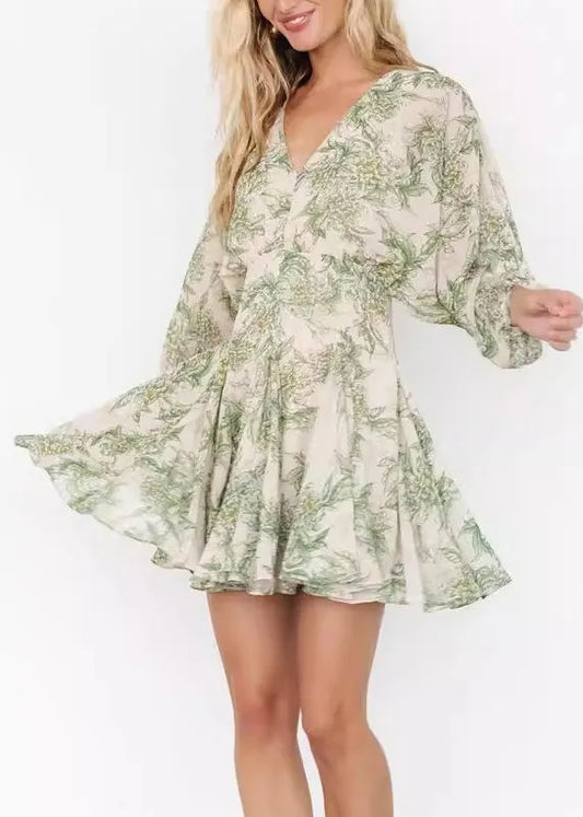 Green V Neck Print Chiffon Mid Dress Long Sleeve