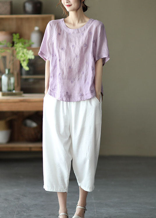Light Purple Embroidered Linen Shirts Short Sleeve