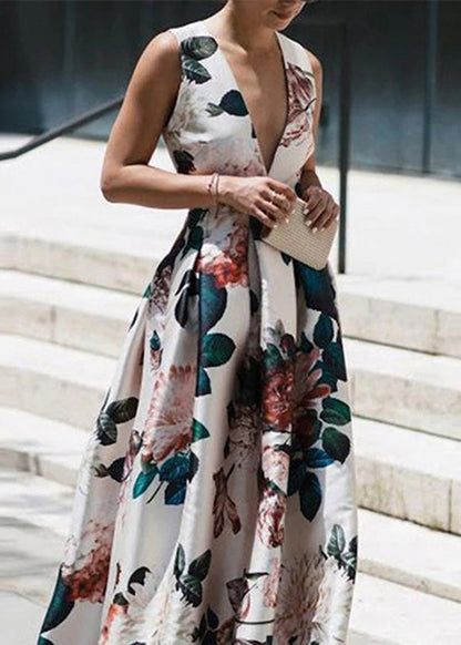 Stylish White V Neck Print Wrinkled Cotton Long Dresses Sleeveless