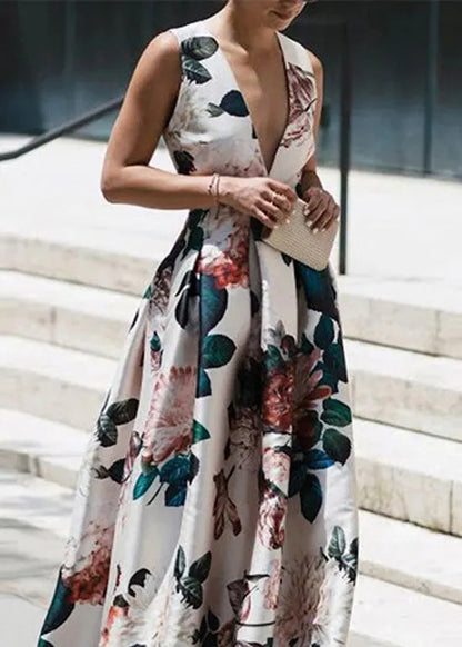 Stylish White V Neck Print Wrinkled Cotton Long Dresses Sleeveless