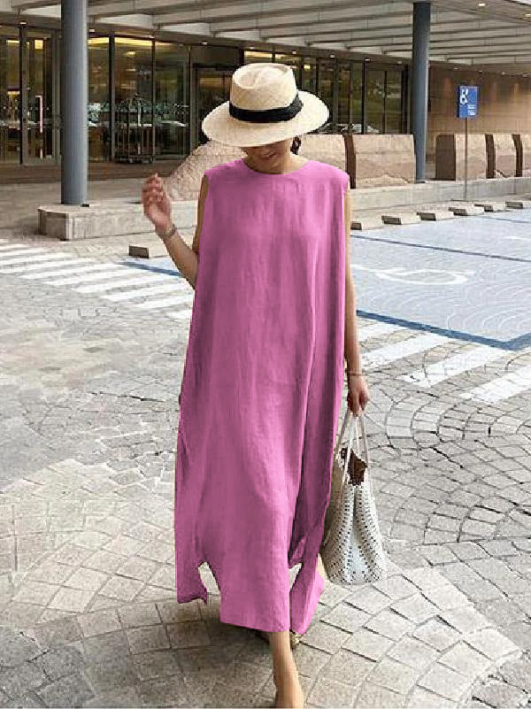 O Neck Side Open Linen Cotton Clothes Fabrics Khaki Dress