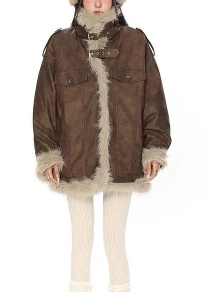 Modern Brown Oversized Patchwork Faux Leather Jackets Winter