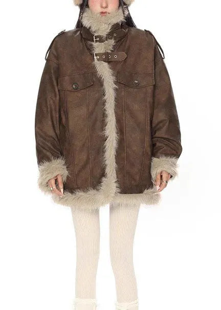 Modern Brown Oversized Patchwork Faux Leather Jackets Winter