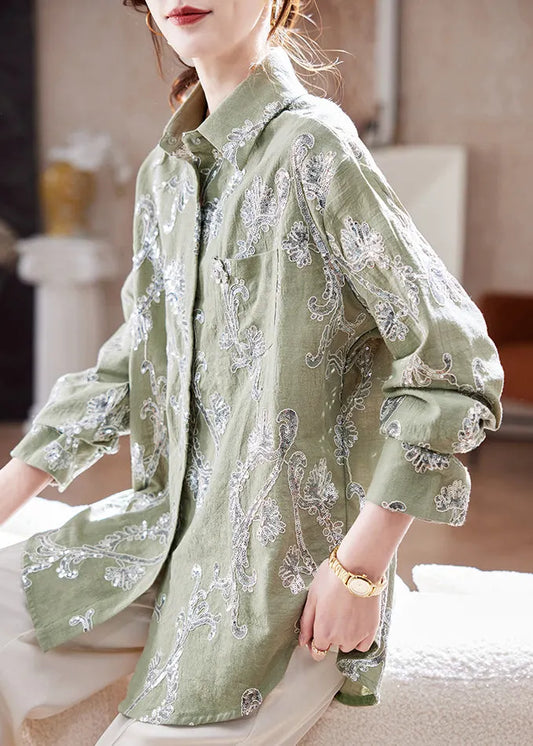 Style Green Sequins Button Cotton Top Lantern Sleeve