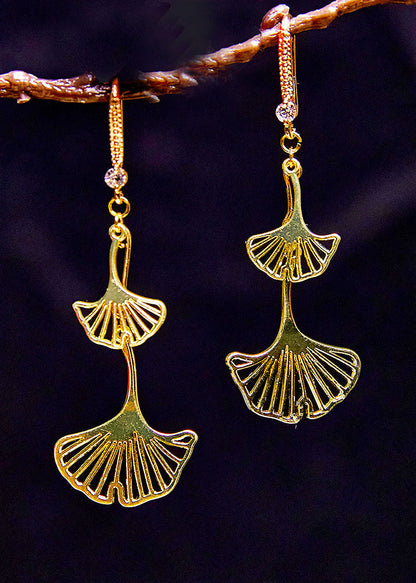 Ginkgo Leaf 14k Gold Zircon Drop Earrings