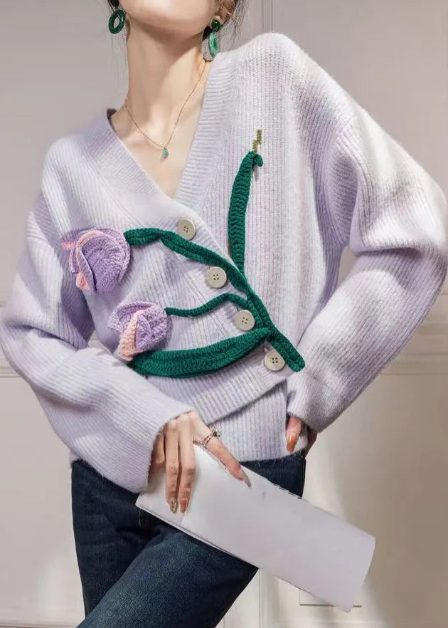 Purple Asymmetrical Button Knit Cardigan Winter