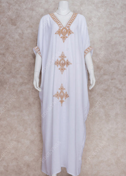 Gold Embroidered Kaftan Retro V Neck White Dress