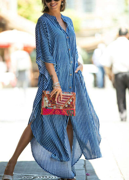 Modern Blue V Neck Striped Cotton Shirts Dress Summer
