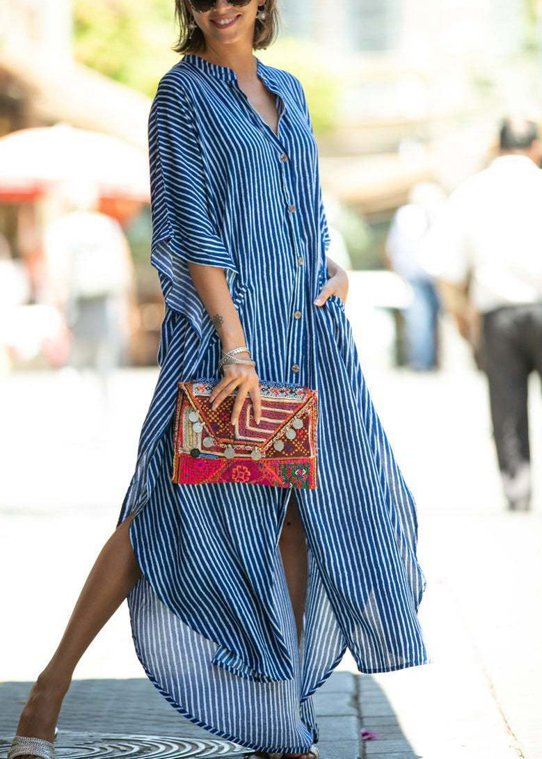 Modern Blue V Neck Striped Cotton Shirts Dress Summer