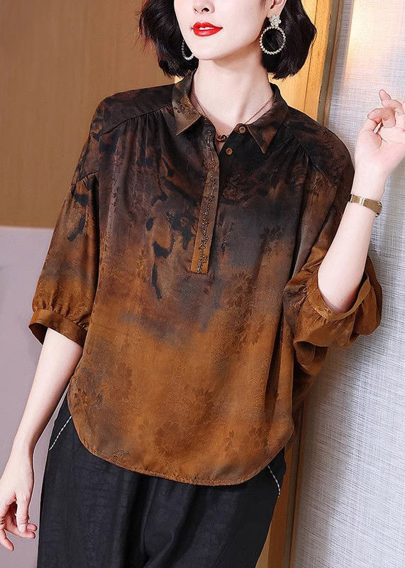 New Brown Peter Pan Collarbutton Silk Blouse Half Sleeve
