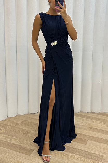 Special Pleated Embellished Slit Evening Maxi Dress