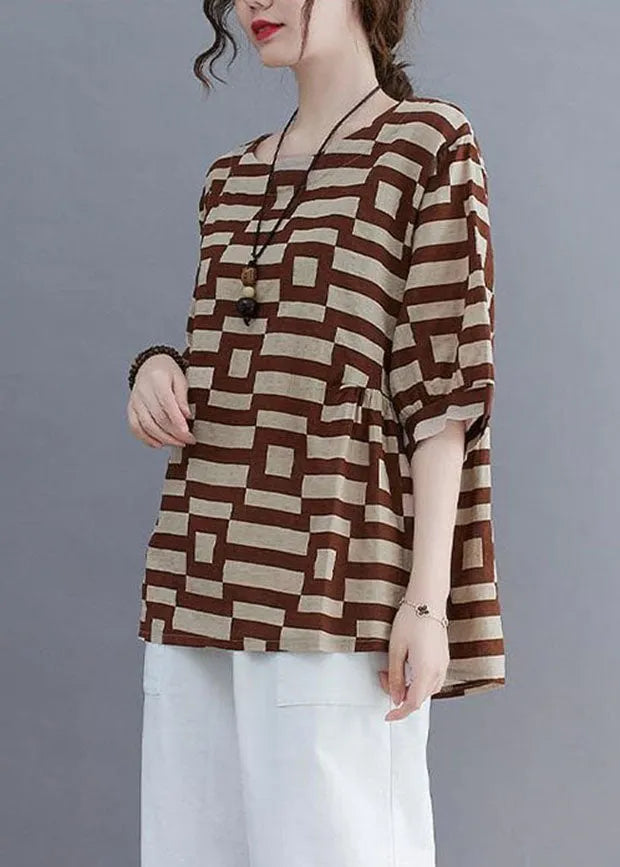 Organic Coffee O-neck Print Patchwork Cotton T Shirt Summer