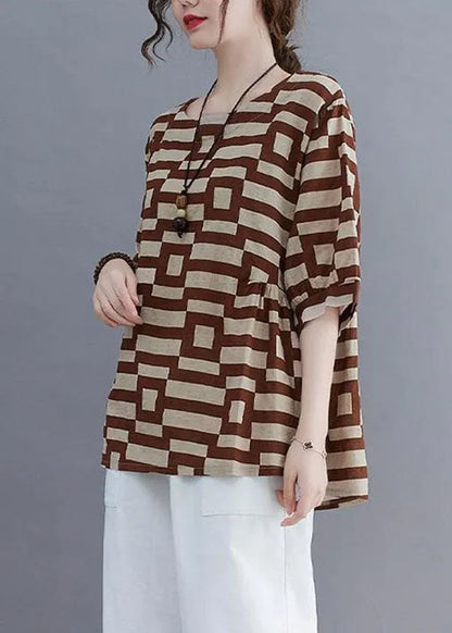 Organic Coffee O-neck Print Patchwork Cotton T Shirt Summer