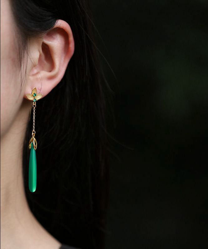 Green Sterling Silver Green Agate Water Drop Tassel Drop Earrings