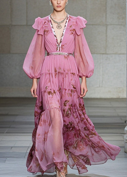 Pink V Neck Print Exra Large Hem Chiffon Party Dresses Fall