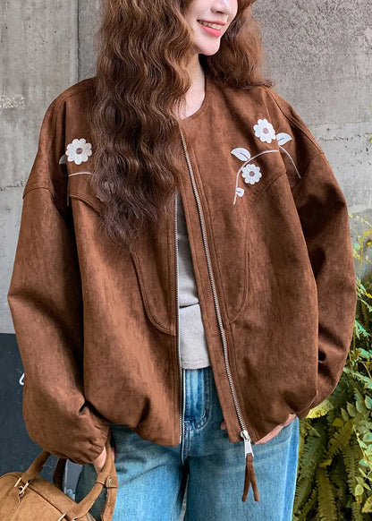Brown Embroidered Faux Suede Jacket Fall