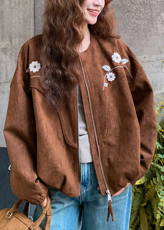 Brown Embroidered Faux Suede Jacket Fall