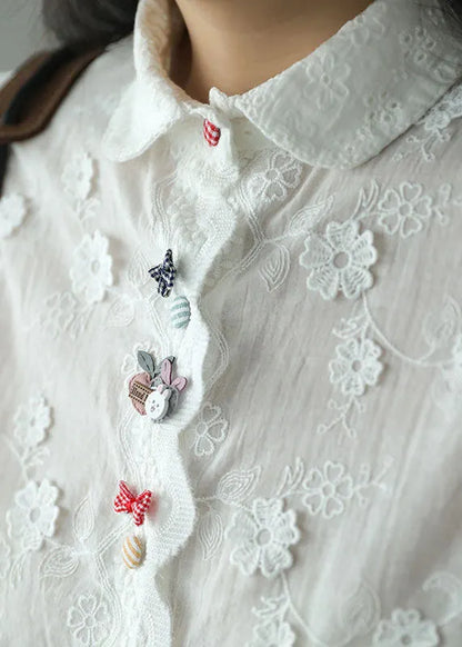 Diy White Embroidered Three-dimensional Cotton Shirt Top Long Sleeve