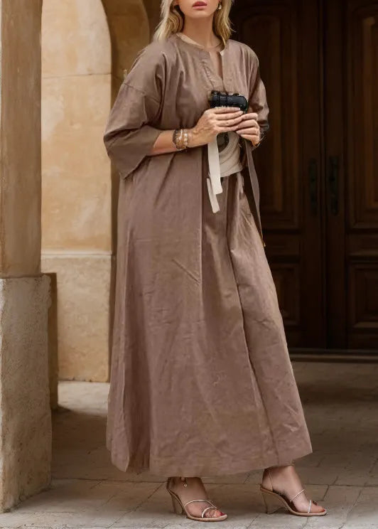 Khaki V Neck Cotton Maxi Dresses Summer