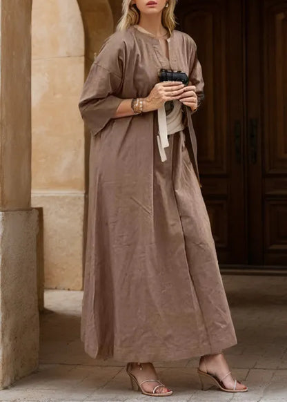 Khaki V Neck Cotton Maxi Dresses Summer
