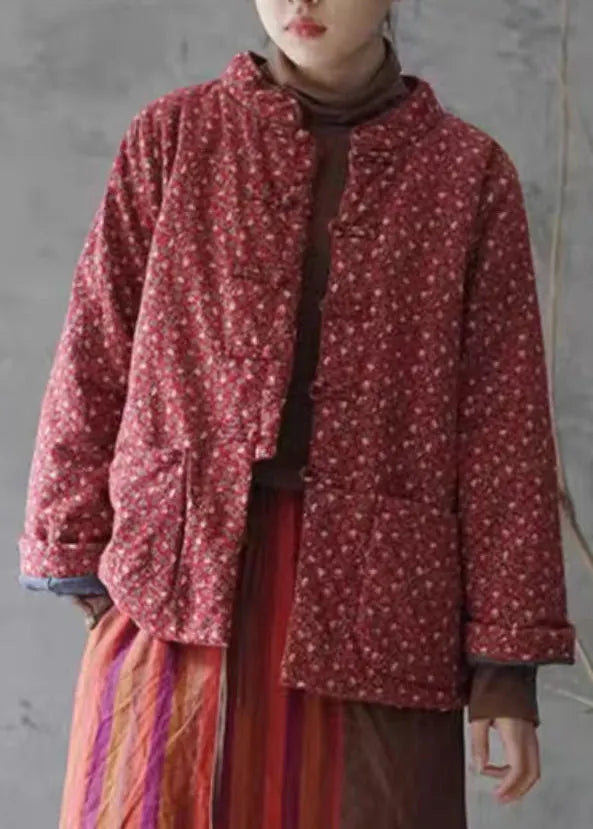 Retro Red Print Button Pockets Cotton Filled Coats Winter