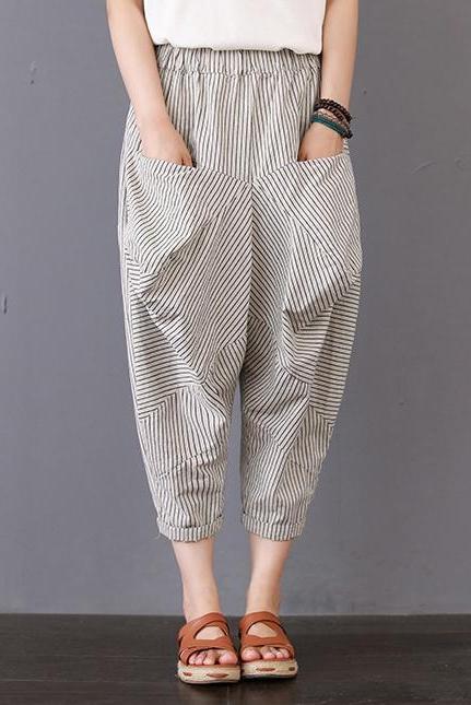 Loose Striped Cotton Linen Pants Trousers