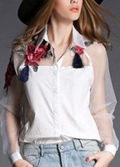 Organza White Peter Pan Collar Embroidered Tulle Patchwork Cotton Shirts Long Sleeve