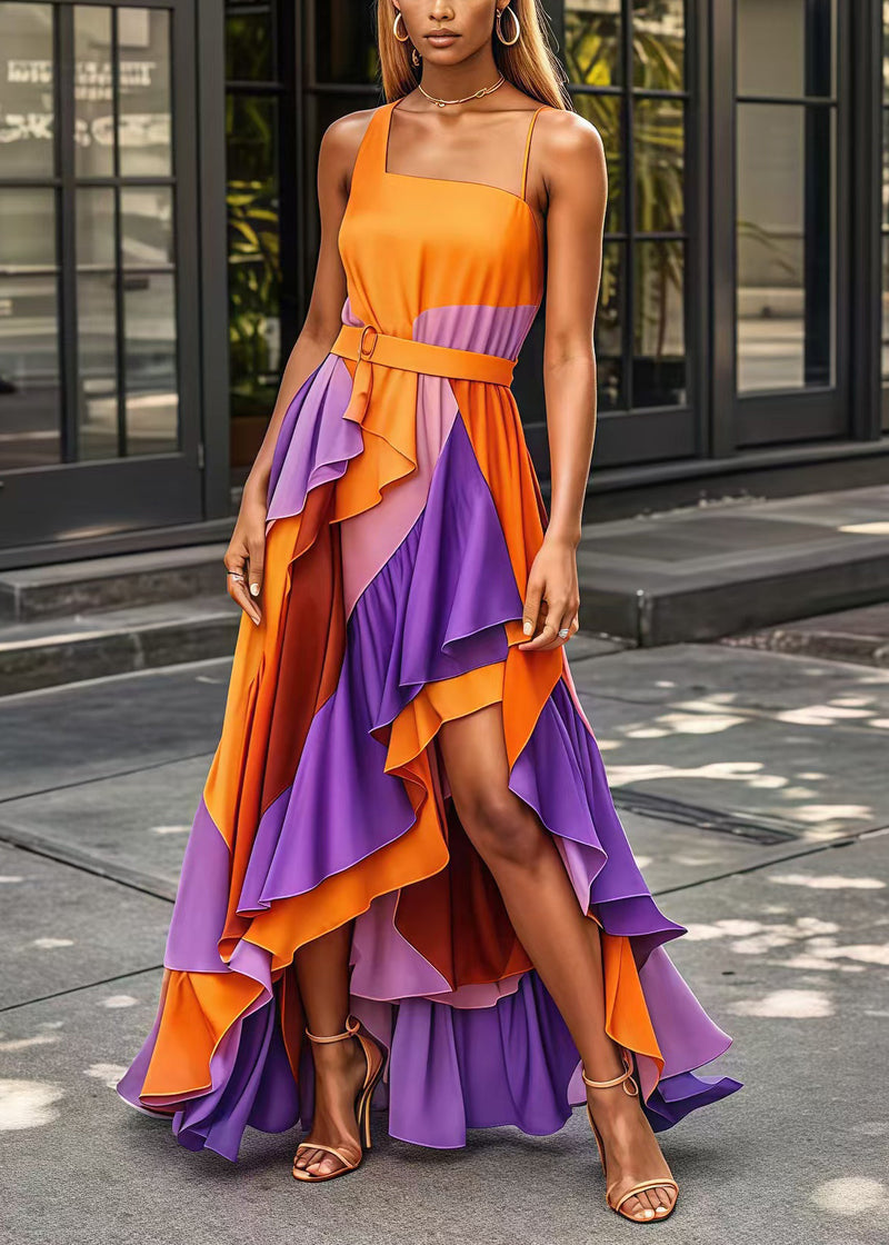 Orange Asymmetrical Patchwork Exra Large Hem Silk Long Dress Summer