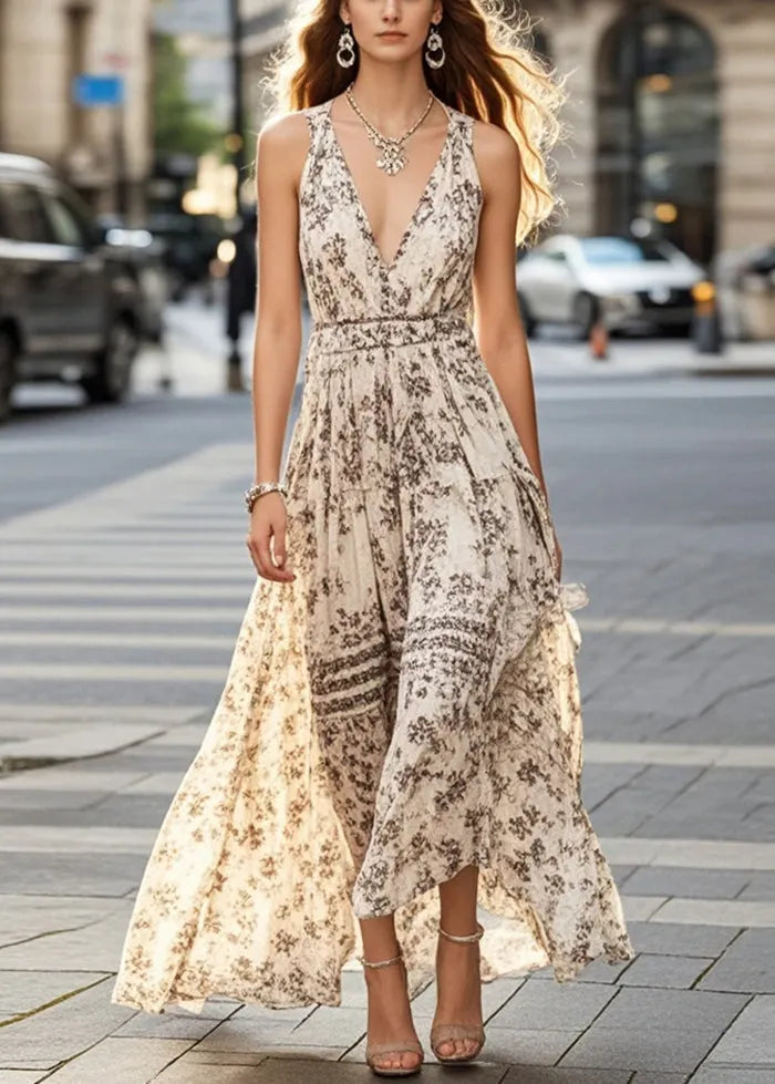 Apricot Print Exra Large Hem Cotton Long Dress Summer