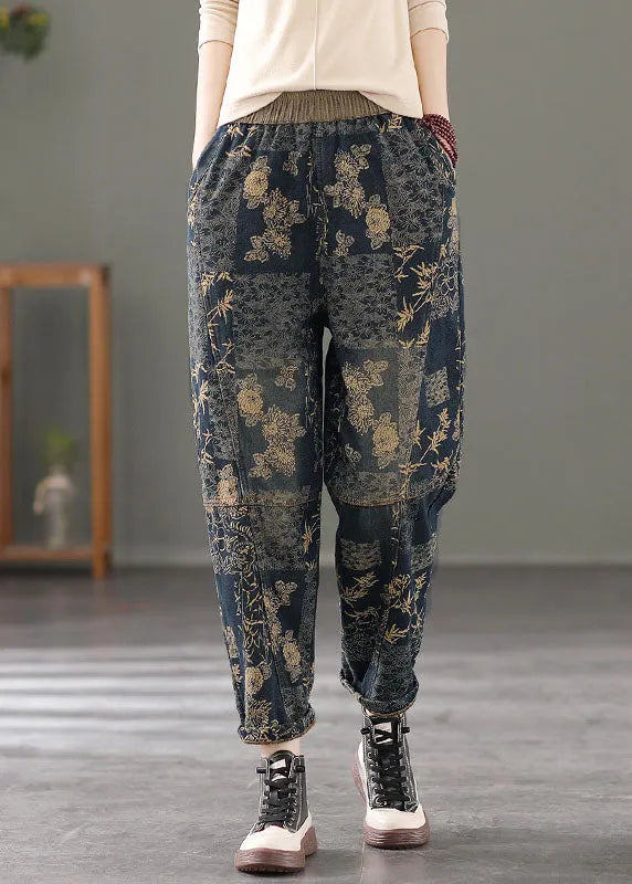 Stylish Black Elastic Waist Print Warm Fleece Pants Winter