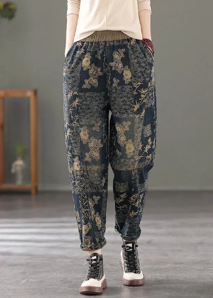 Stylish Black Elastic Waist Print Warm Fleece Pants Winter