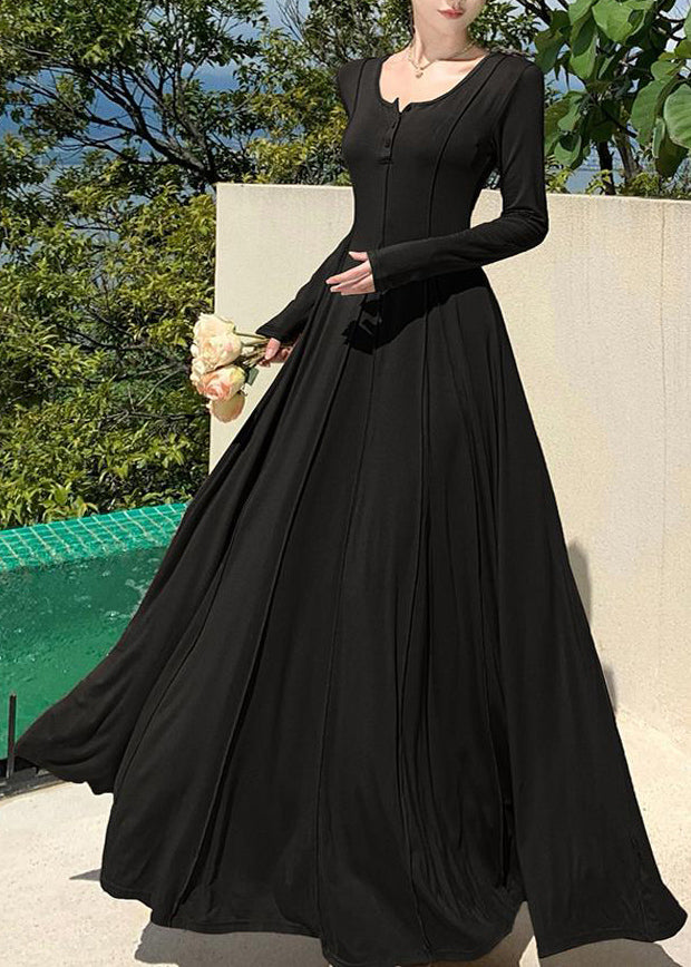 Original Black O-neck Patchwork Knit Cotton Holiday Long Dress Winter