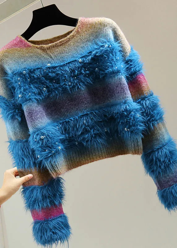 Gradient Color Blue O-neck Patchwork Nail Bead Cotton Knit Sweaters Winter