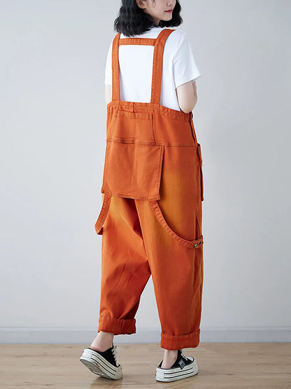 Spliced Washed Denim Loose Jumpsuits